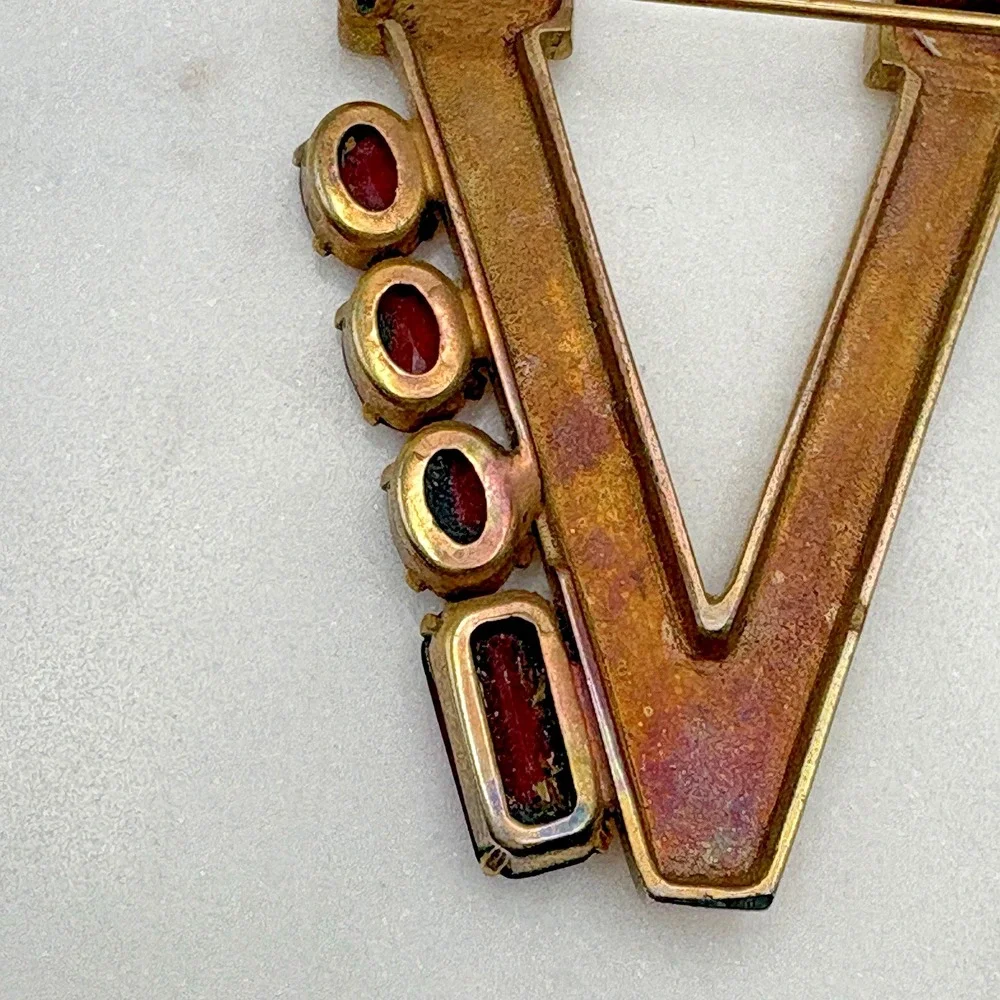 Vintage V Victory Brooch Red Glass Initial V Gold Filled WWII Pin